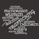 A conglomeration of words relating to racism and human trafficking.